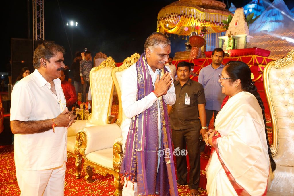 NTV Chairman Narendra Chowdary with Telangana Minister Harish rao and Telangana Justice G Sridevi at Koti Deepotsavam 2021 day7