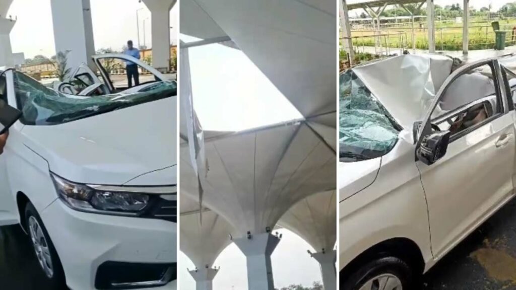 Jabalpur Dumna Airport Terminals Rooftop Falls Off On Income Tax Officers Car Due To Heavy Rains