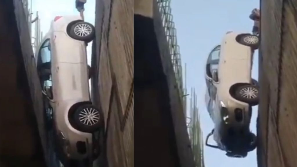 Car Stuck In Unfinished Flyover Gap On Nh 66 In Kerala Locals Rescue Driver