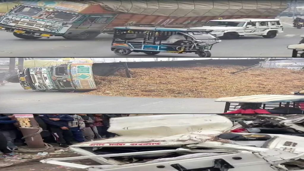 Viral Video Grass Loaded Lorry Overturns On Bolero In Uttar Pradesh One Killed