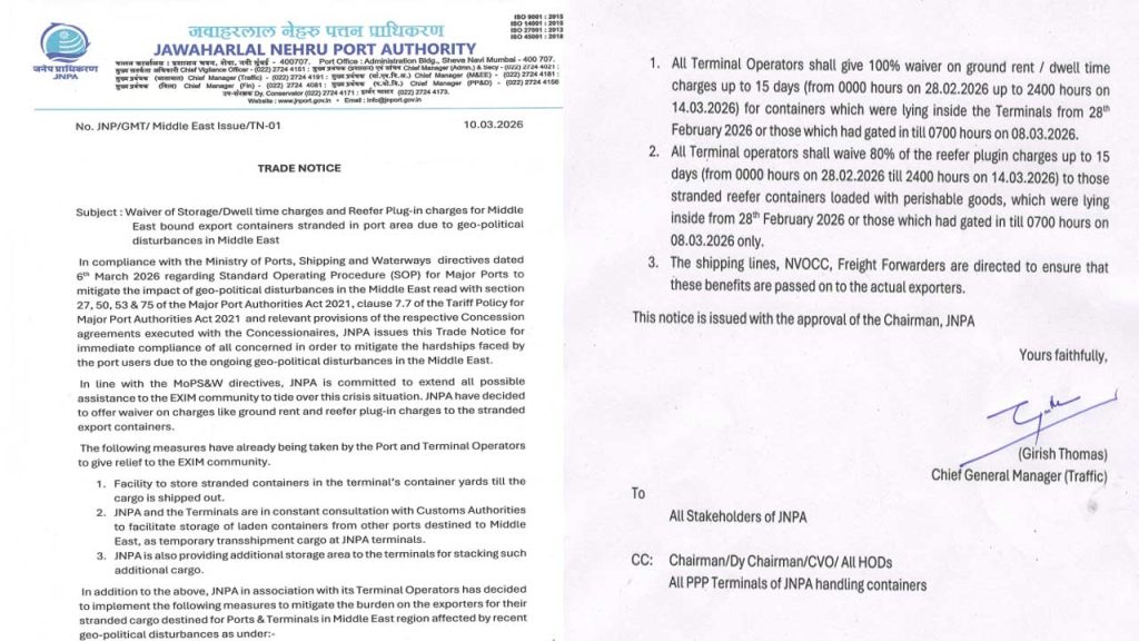 Jnpa Waives Charges For Stranded Export Containers Middle East Crisis Relief