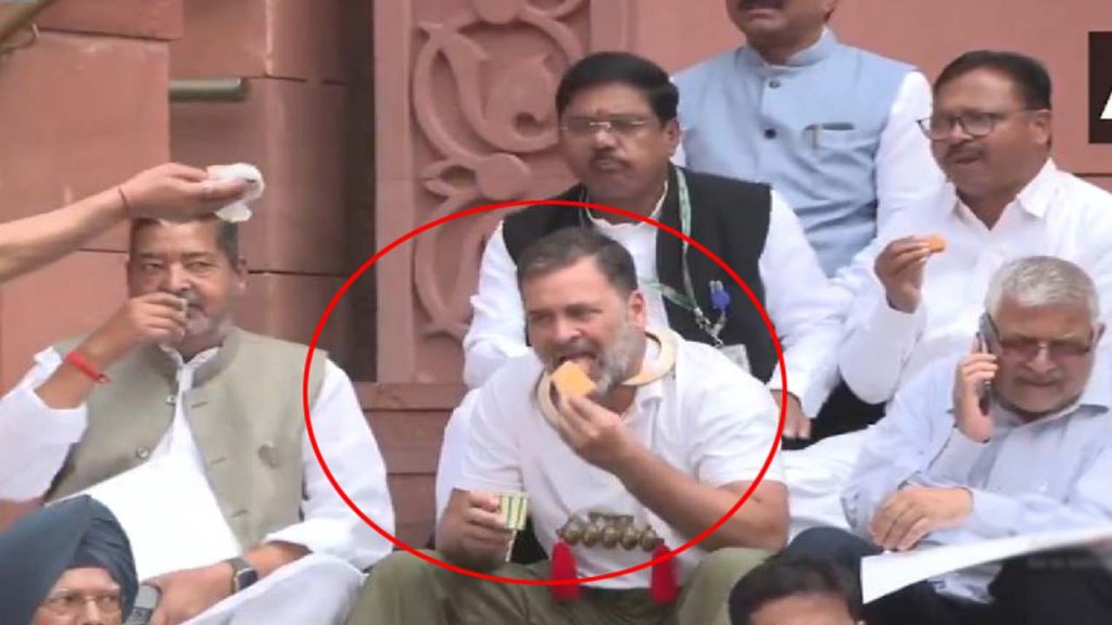 Rahul Gandhi Protests Lpg Gas Crisis Outside Parliament With Tea And Biscuits