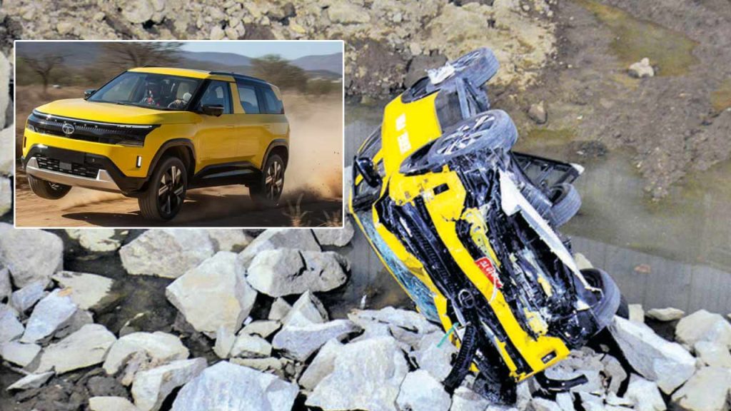 Tata Sierra Test Drive Crash In Thane Suv Falls Into 20 Foot Pit Airbags Save Passengers