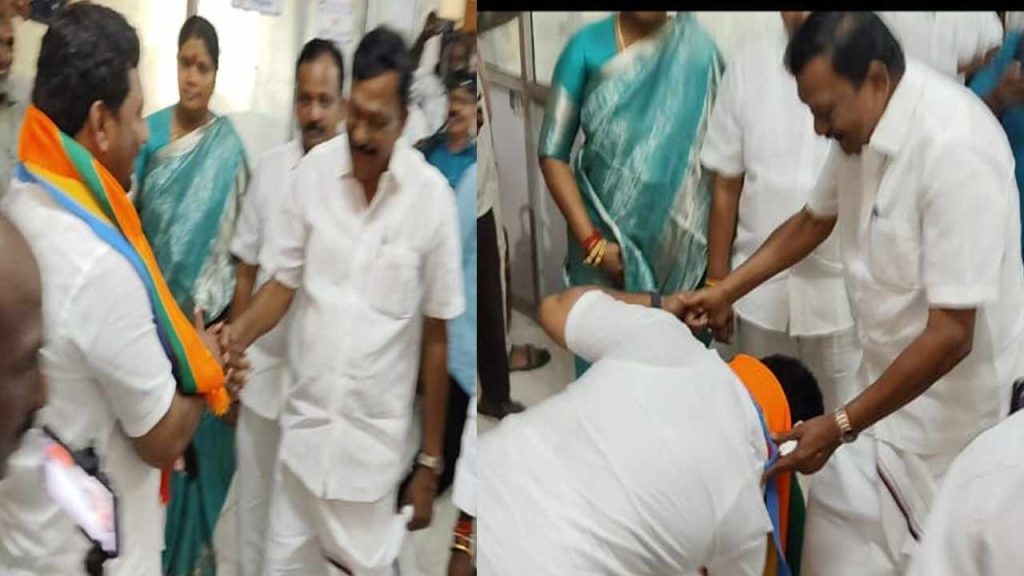 Aiadmk Candidate Touches Dmk Candidates Feet In Gummidipoondi Viral Political Moment