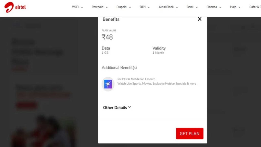 Technology Telecom Airtel Rs 48 Recharge Plan Jiohotstar Ipl 2026 Data Voucher Details