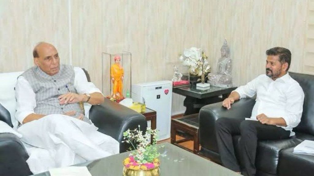 Cm Revanth Reddy Meets Rajnath Singh Seeks Support For Adilabad Airport Expansion And Key Defence Projects