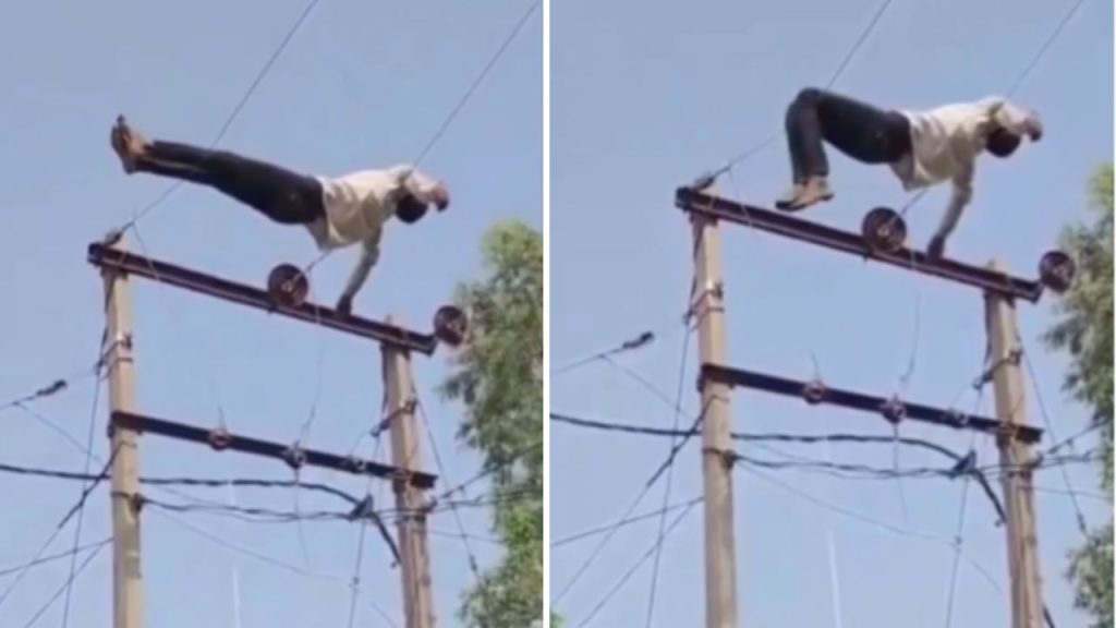 Viral Video Drunk Man Climbs 11kv Electric Pole And Lies On Power Lines In Up