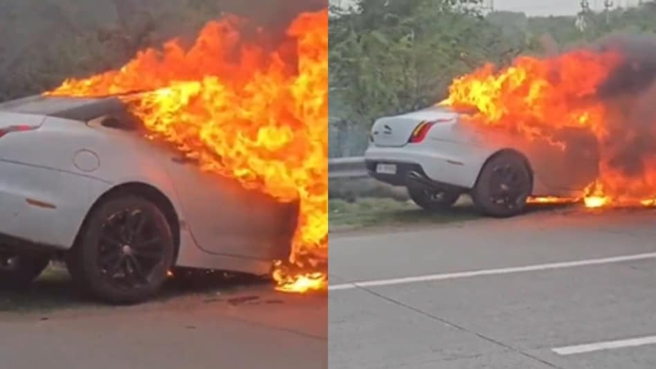 Luxury Jaguar Car Catches Fire Yamuna Expressway Greater Noida