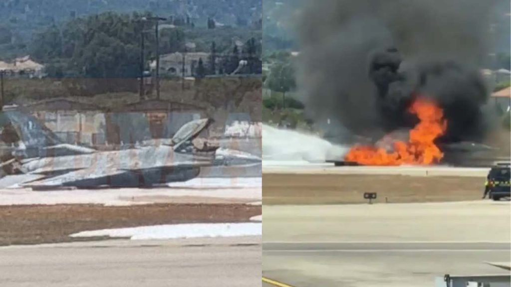 Greece F16 Fighter Jet Catches Fire After Emergency Landing Zakynthos