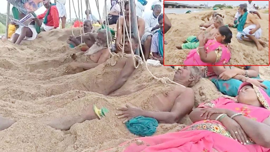 Tamil Nadu Farmers Protest For Cauvery Water By Burying Themselves In Sand