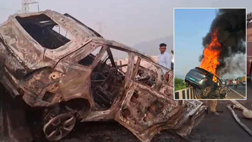 Vijayawada West Bypass Accident 4 Dead As Ev Car Catches Fire