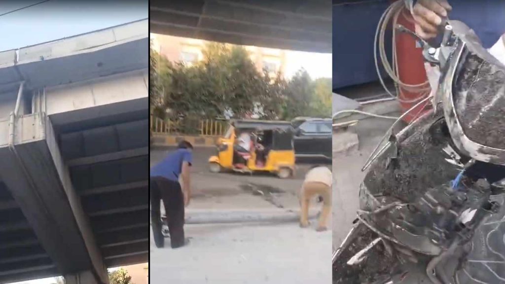 Shaikpet Flyover Rain Water Pipe Falls On Scooter